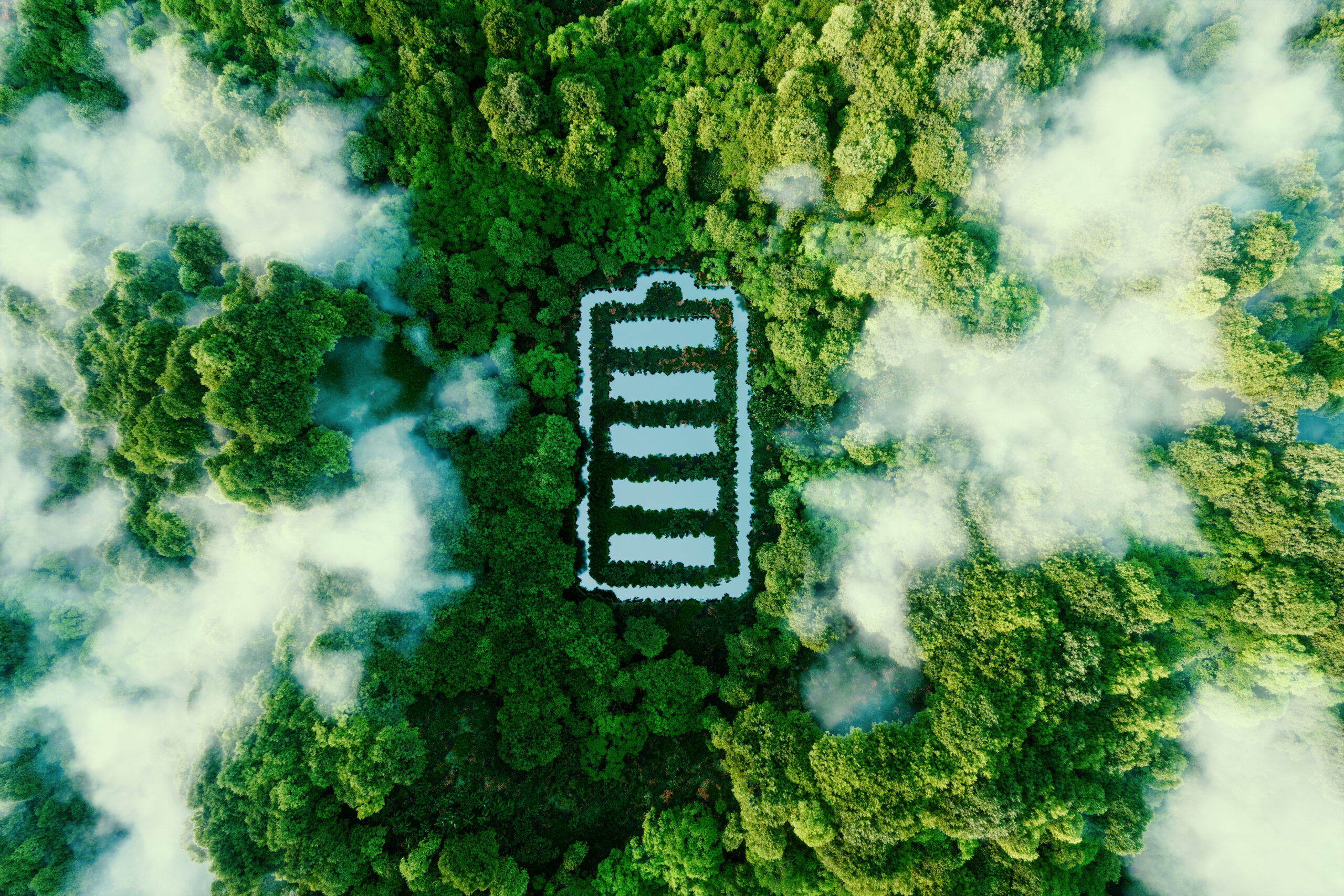 Vogelperspektive auf einen Wald mit Gewaesser in Form eines Akku Symbols scaled
